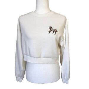 Aritzia White Cropped Sweatshirt with Brown Horse Embroidery